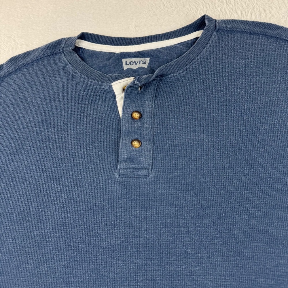 Levi's Henley Shirt Mens Large Blue Waffle Knit Long Sleeve Iconic Red Tab